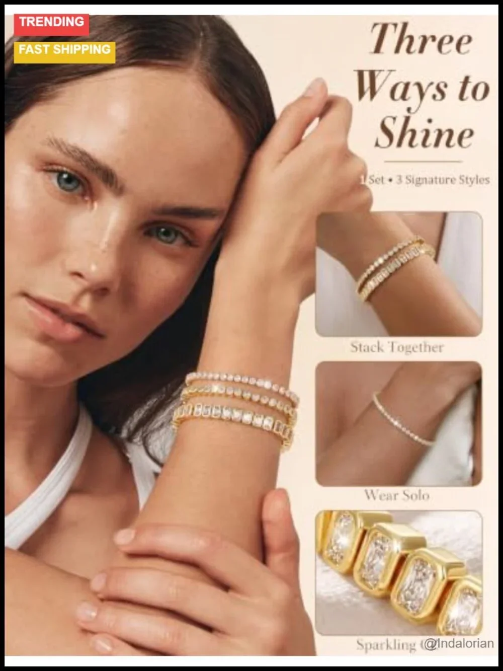 5A CZ Gold Plated Tennis Bracelet Set of 3 Stackable 7.5 Inch Women Jewelry